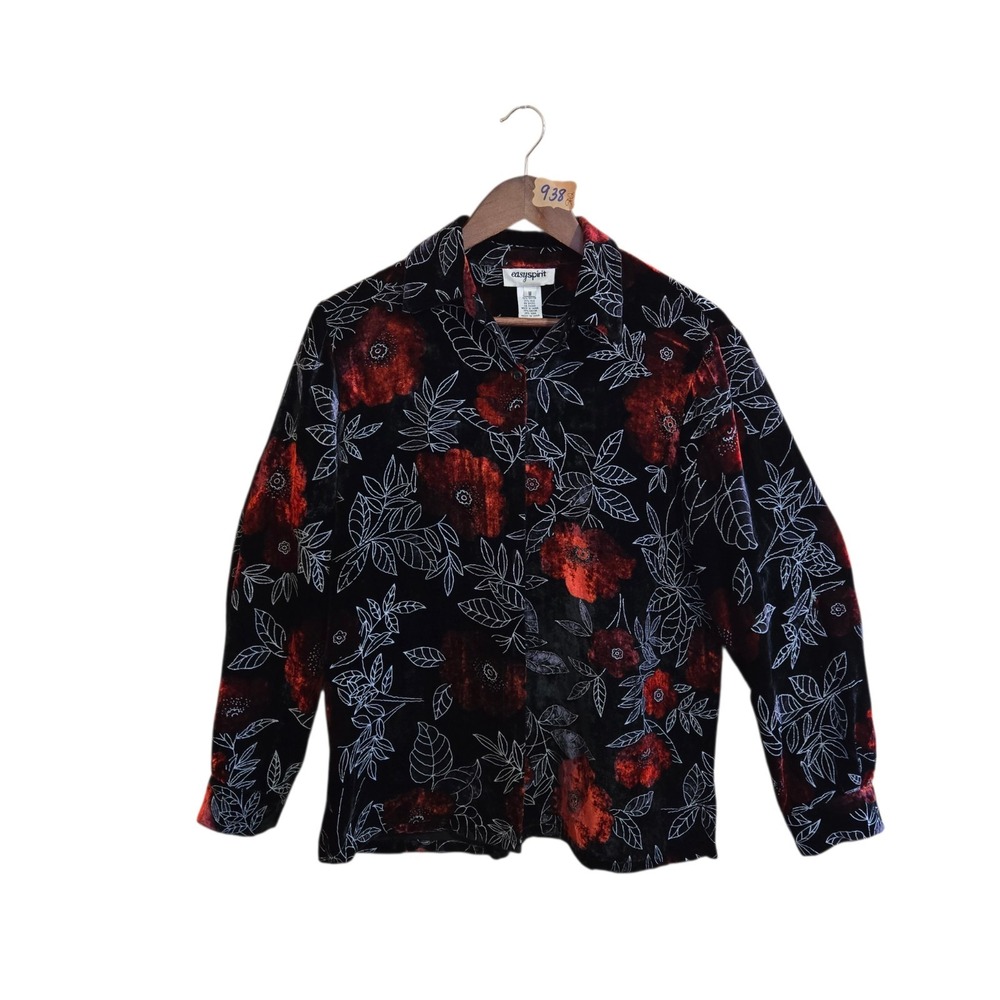 VTG Easy Spirit Women's Blouse Size L Velvet Black Red Roses Long Sleeve 90s
